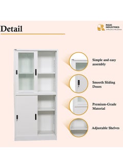 RIGID Steel Four Sliding Door Metal Filing Cabinet with 2 Glass Door WHITE 180x85x39cm  - Image 3