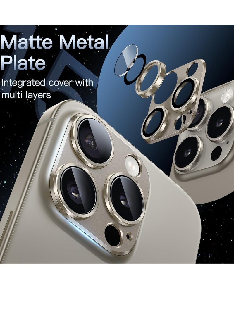 Camera Lens Protector for iPhone 15 Pro 6.1-Inch and iPhone 15 Pro Max 6.7-Inch, Full Coverage 9H Tempered Glass Ring Cover, Matte Metal Plate, Case Friendly, 1-Pack (Natural Titanium)
