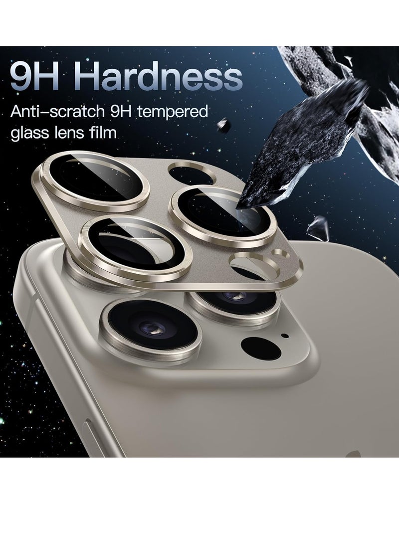 Camera Lens Protector for iPhone 15 Pro 6.1-Inch and iPhone 15 Pro Max 6.7-Inch, Full Coverage 9H Tempered Glass Ring Cover, Matte Metal Plate, Case Friendly, 1-Pack (Natural Titanium)