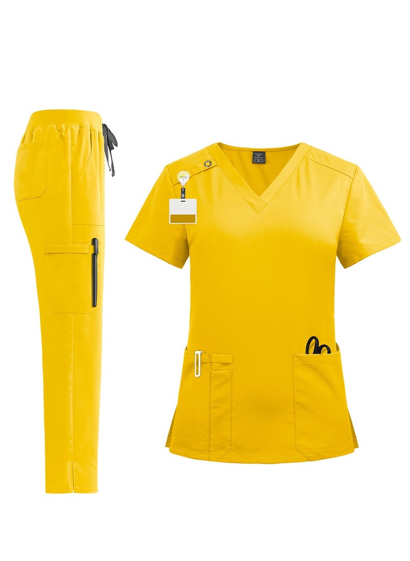 Loquat Unisex Medical Uniform Scrubs 2 Piece Set V-Neck Top and Elastic Waist Pants Suit Yellow  - Image 1