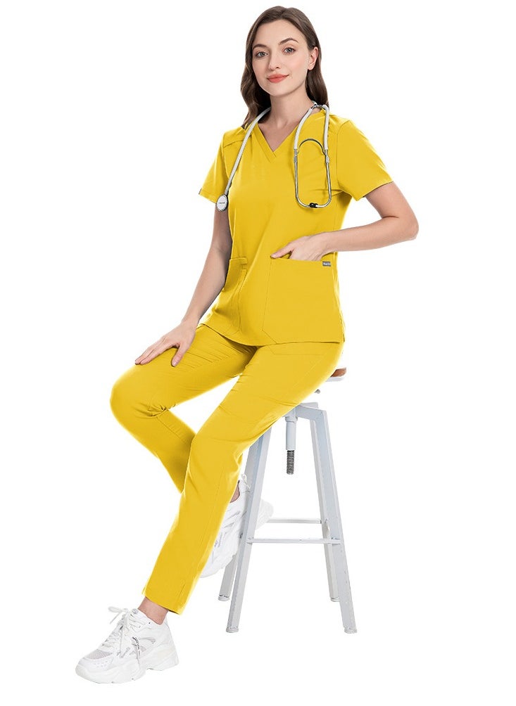 Loquat Unisex Medical Uniform Scrubs 2 Piece Set V-Neck Top and Elastic Waist Pants Suit Yellow  - Image 2