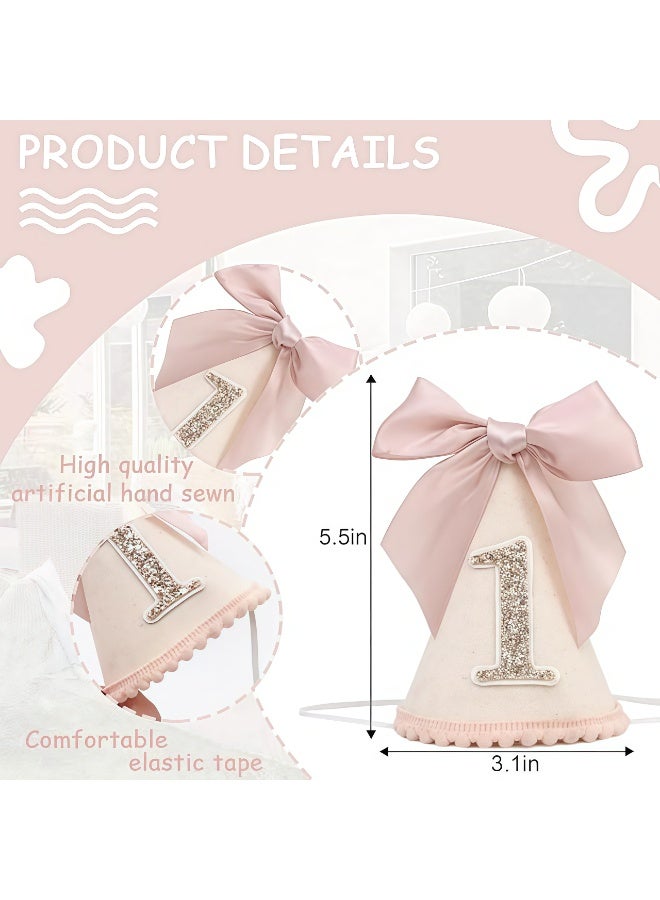 1st Birthday Party Hat for Babies, birthday hat, Adjustable Soft Headband, Birthday Decoration Celebration Cone Hats for Celebrations, Bow decorative hat, Party Supplies for Baby for Girl and Boy - Image 2