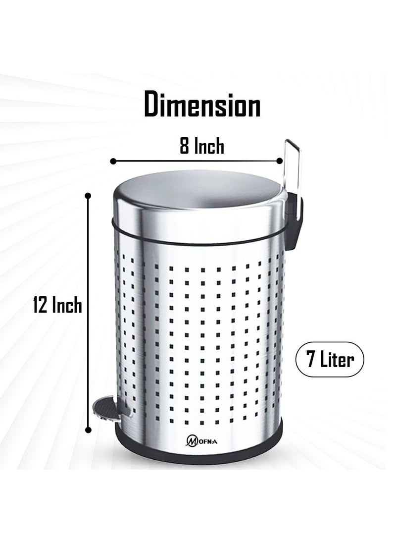 mofna Mofna Stainless Steel Perforated Pedal Dustbin Trash can Paper Bin Round Shape Silver use for Home Office Kitchen Bathroom 8 x 12 Inch 7 Liter  - Image 2