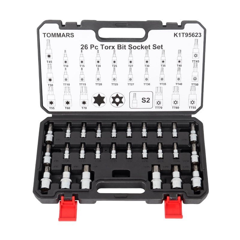 TOMMARS 26-PC Torx Socket Set, Torx Star Tamper Proof Security Bit Socket Set 1/4", 3/8", 1/2" Drive T Sockets T10-T70 & TT10-TT70, S2 Alloy Steel - Image 1