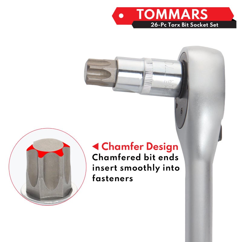 TOMMARS 26-PC Torx Socket Set, Torx Star Tamper Proof Security Bit Socket Set 1/4", 3/8", 1/2" Drive T Sockets T10-T70 & TT10-TT70, S2 Alloy Steel - Image 5