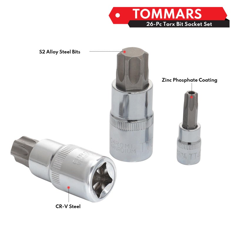 TOMMARS 26-PC Torx Socket Set, Torx Star Tamper Proof Security Bit Socket Set 1/4", 3/8", 1/2" Drive T Sockets T10-T70 & TT10-TT70, S2 Alloy Steel - Image 4