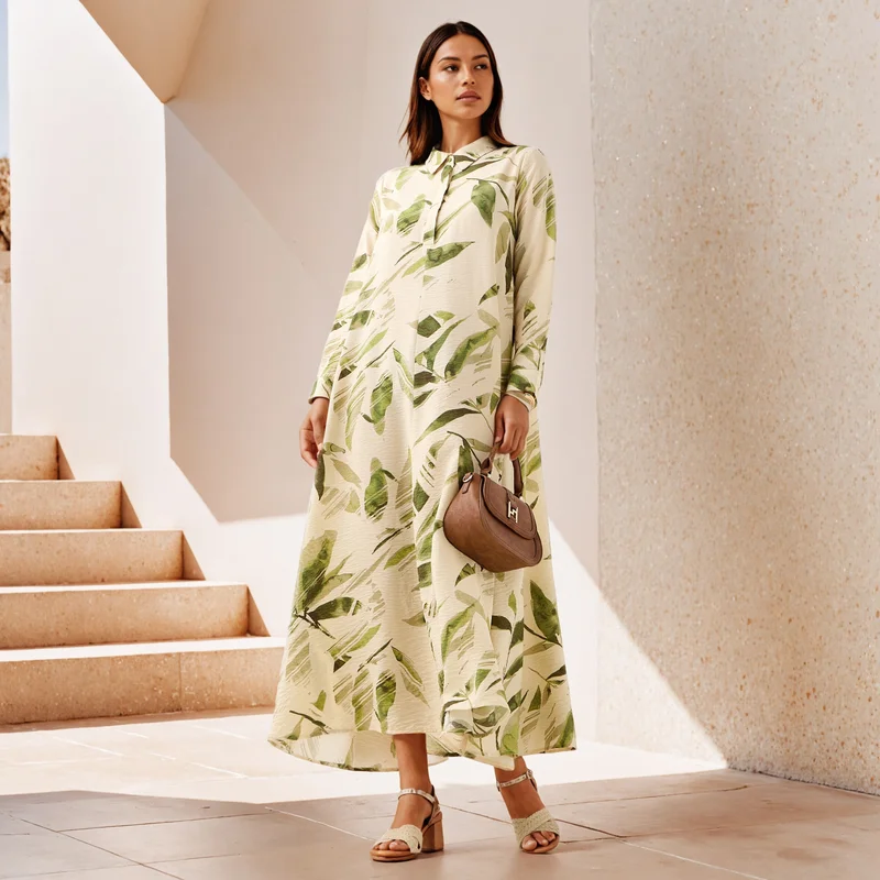 Iconic Printed Trapeze Maxi Dress with Collar