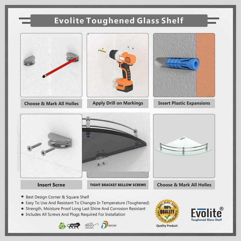 Evolite رف زجاجي مقسى من إيفوليت لزاوية غرفة المعيشة ورف مستطيل لرفوف وحمامات التخزين، رف حائط زاوي مع حوامل مثبتة (10 × 10 بوصة) (عبوة من 3) - Image 5