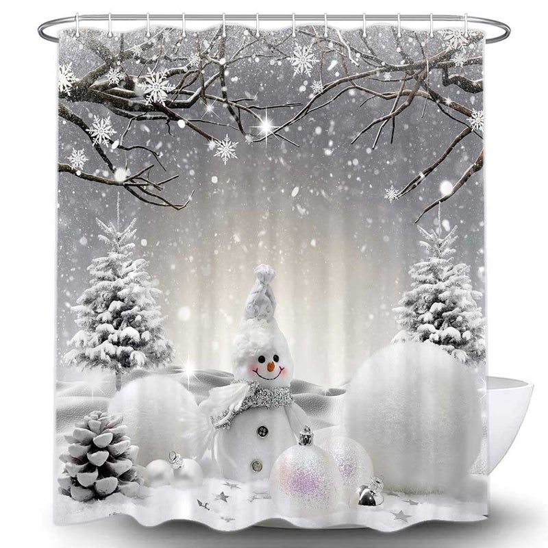 VEIGIKE Christmas Snowman Shower Curtain  Grey Winter Snowflake Holiday Xmas Fabric Shower Curtains Set for Bathroom  Cute Gray Restroom Decor Accessories with Hooks 72X 72 inch - Image 3