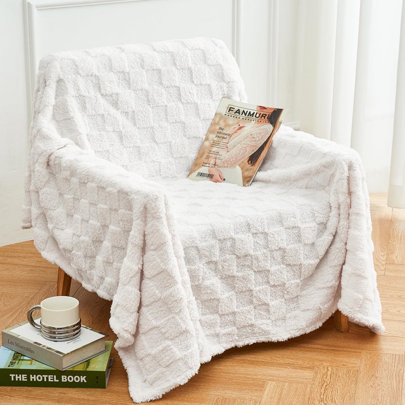 Aganear Flannel Throw Blanket - Cozy Soft Lightweight Fuzzy Checkered Throw Blanket for Women Portable Throw Blankets for Couch, Warm Present for Birthday, Christmas(50"x70", Cream White) - Image 1