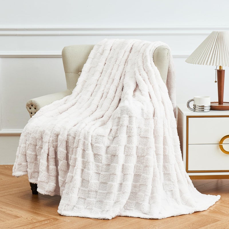 Aganear Flannel Throw Blanket - Cozy Soft Lightweight Fuzzy Checkered Throw Blanket for Women Portable Throw Blankets for Couch, Warm Present for Birthday, Christmas(50"x70", Cream White) - Image 2