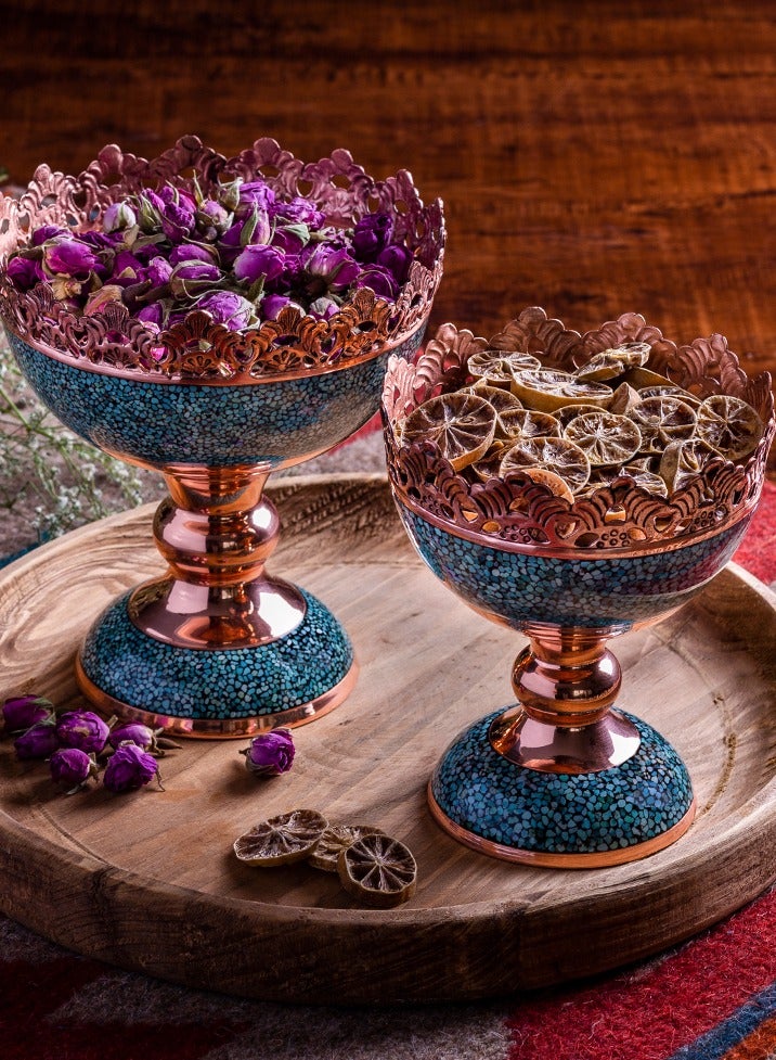 Aghajani Handcrafted Copper and Turquoise Chalice Bowl, 32cm Vintage-Inspired Fruit and Nut Holder Trough for Home Decor - Image 1
