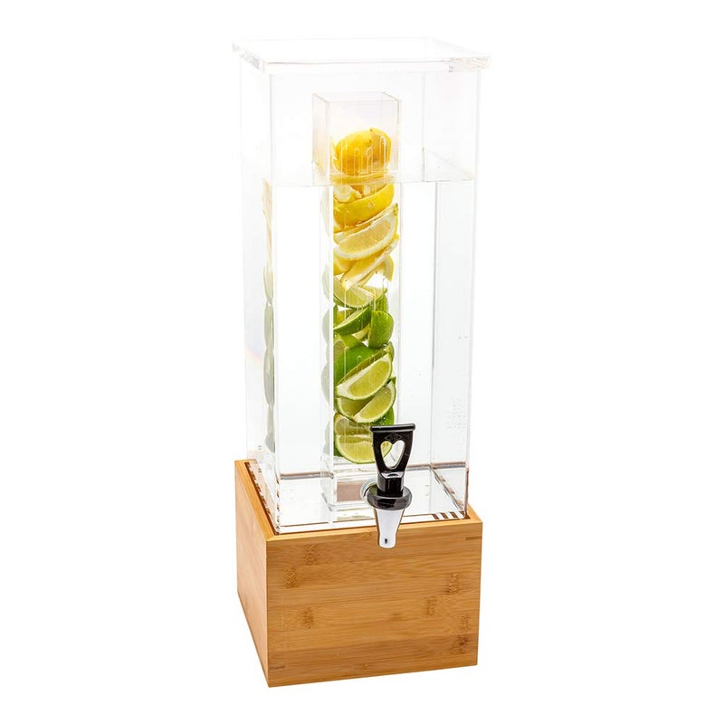 Restaurantware Bev Tek 2 Gallon Beverage Dispenser 1 Square Drink Dispenser For Parties  With Infusion Core Bamboo Base Clear Acrylic Drink Dispenser With Stand EasyToUse Spigot