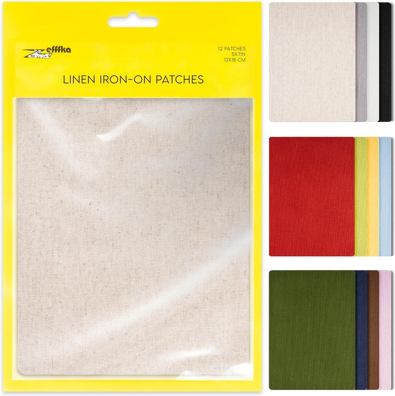 ZEFFFKA 12-Pack Linen Iron-on Patches Fabric Repair Kit for Clothing Shirts Pants Dresses Natural Look Strong Adhesive 12 Colors 30% Linen 70% Cotton 5” x 7” - Image 1