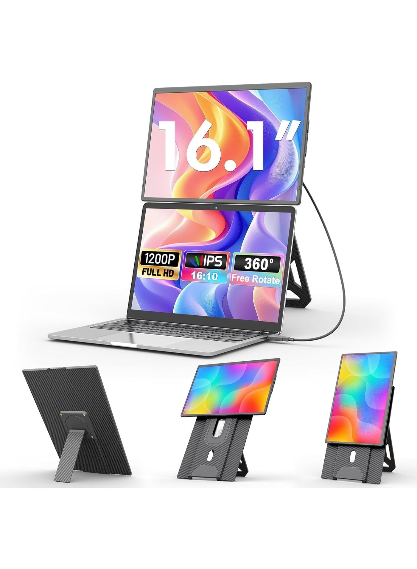 16.1" Portable Laptop Monitor Extender – FHD 1200P IPS Screen, 360° Rotating Detachable Stand with VESA Support, Plug & Play HDMI/USB-C/USB-A Compatibility for Windows/Mac/Android/Console