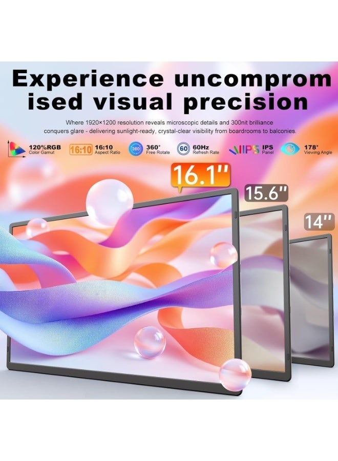ڤي2كوم شاشة محمولة للموبايل واللابتوب 16.1 بوصة – شاشة IPS بدقة 1200P، قاعدة قابلة للفصل ودوران 360° مع دعم VESA، توصيل وتشغيل عبر HDMI / USB-C / USB-A، متوافقة مع Windows/ Mac/ Android / أجهزة الألعاب - Image 2