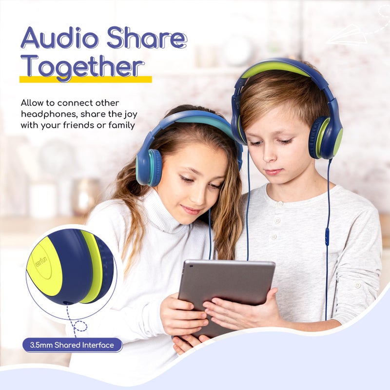EarFun سماعات أذن للأطفال سلكية مع ميكروفون، سماعات بحد حجم 85/94 ديسيبل للأطفال، سماعة سلكية محمولة مع منفذ مشاركة، سماعة ستيريو قابلة للطي للمدرسة/التابلت/آيباد، لون أزرق ليموني - Image 4