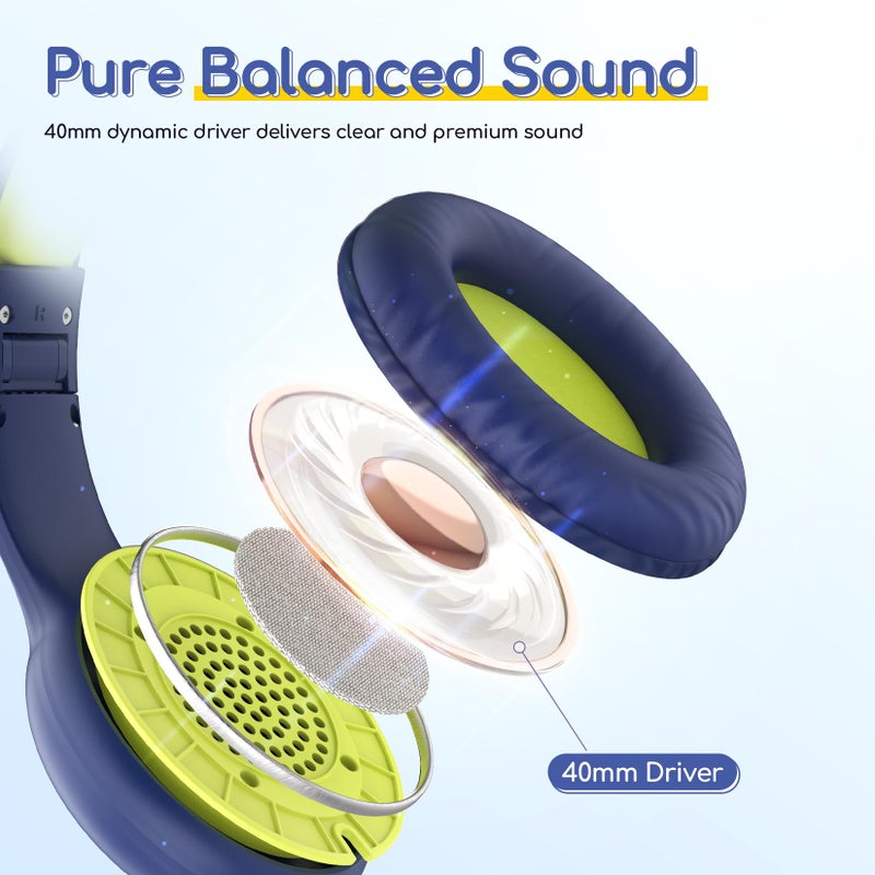 EarFun سماعات أذن للأطفال سلكية مع ميكروفون، سماعات بحد حجم 85/94 ديسيبل للأطفال، سماعة سلكية محمولة مع منفذ مشاركة، سماعة ستيريو قابلة للطي للمدرسة/التابلت/آيباد، لون أزرق ليموني - Image 2