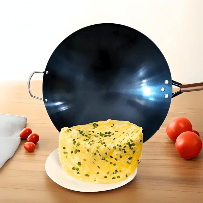 Home Essentials Heavy Duty Iron Pan With Wood Handle, Chinese Wok With Handle 10Cm X 30Cm, Non-Coated & Non-Stick, Gas Stove Compatible, Black - Image 4
