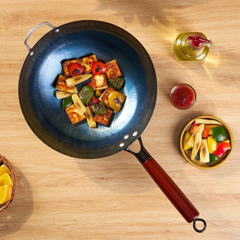 Home Essentials Heavy Duty Iron Pan With Wood Handle, Chinese Wok With Handle 10Cm X 30Cm, Non-Coated & Non-Stick, Gas Stove Compatible, Black - Image 1