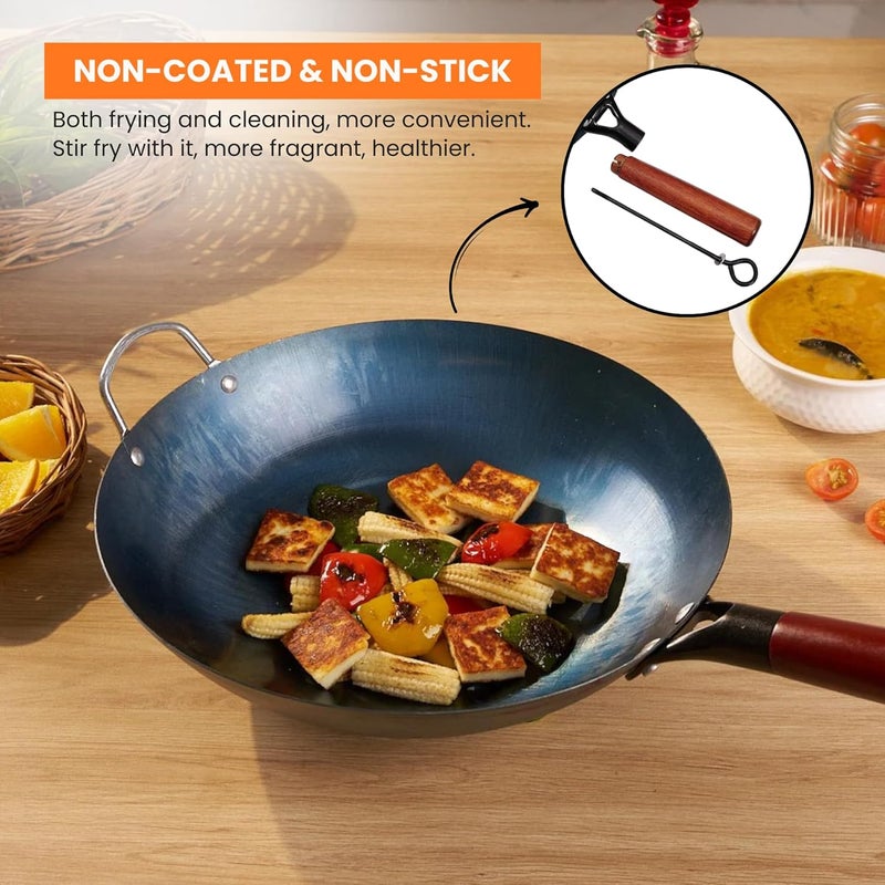 Home Essentials Heavy Duty Iron Pan With Wood Handle, Chinese Wok With Handle 10Cm X 30Cm, Non-Coated & Non-Stick, Gas Stove Compatible, Black - Image 2