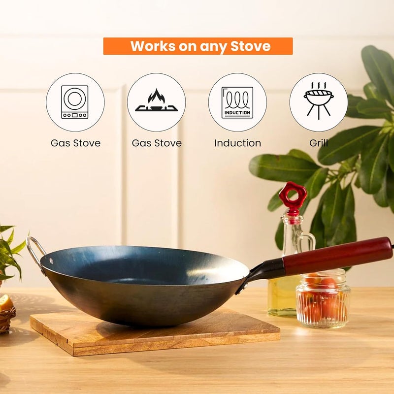 Home Essentials Heavy Duty Iron Pan With Wood Handle, Chinese Wok With Handle 10Cm X 30Cm, Non-Coated & Non-Stick, Gas Stove Compatible, Black - Image 3