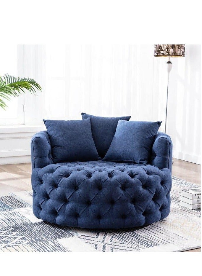 وودن تويست أريكة مستديرة بتصميم عصري على شكل زر برميل لغرفة المعيشة مع 3 وسائد (أزرق) - Image 1