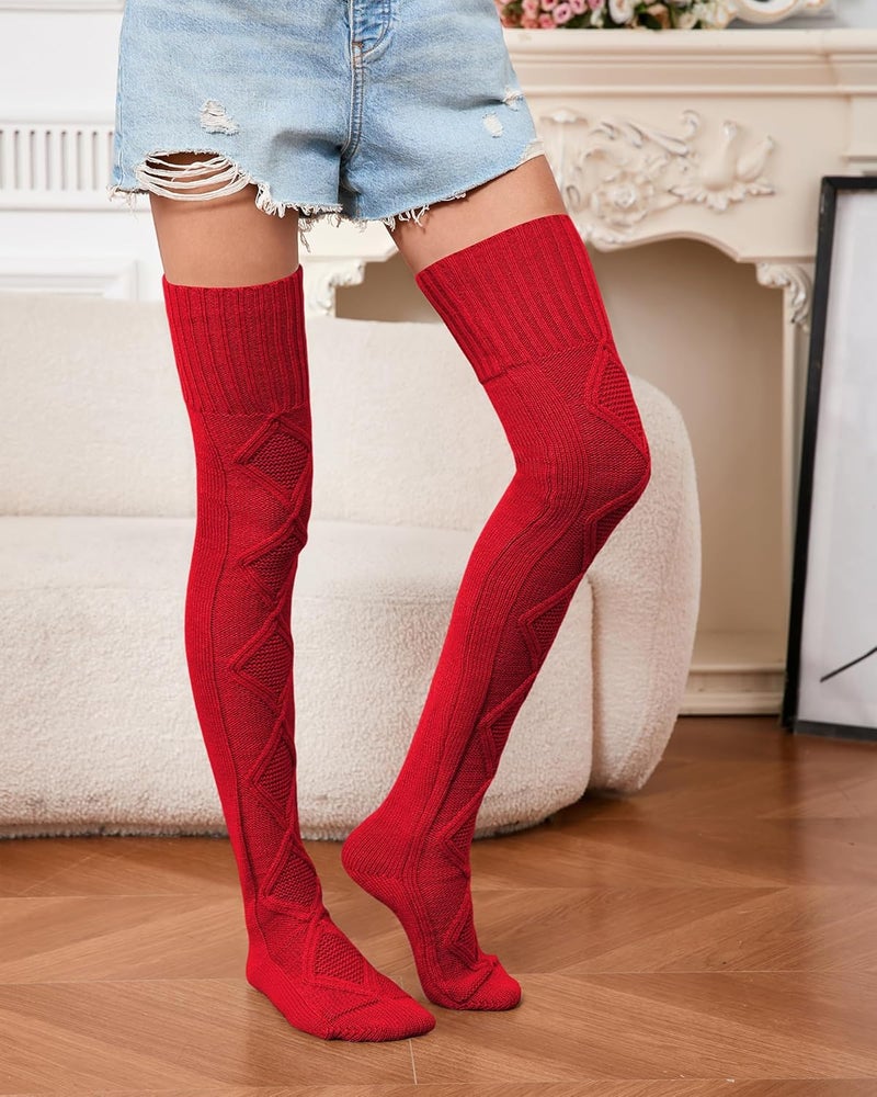 SherryDC Women's Cable Knit Thigh High Socks Winter Boot Stockings Extra Long Over Knee High Leg Warmers - Image 2
