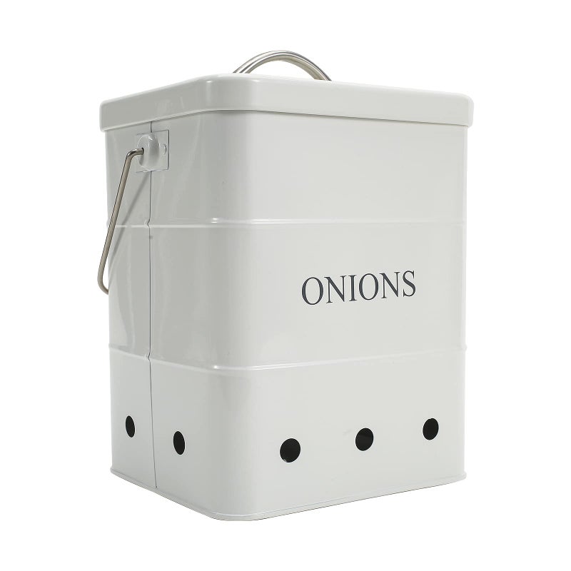 Xbopetda Onion Storage Bin Metal Storage Tin for Onion Kitchen Storage Canister with Aerating Tin Storage Holes  Kitchen Pantry Organizer Tin Vegetable Fresh Keeper White