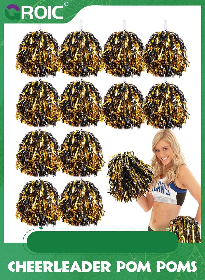 GROIC مجموعة من 12 كرة تشجيعية مع مقبض هراوة ورق معدني من رقائق معدنية، كرات تشجيعية مرحة للأطفال والبالغين، هدايا مشجعات، روح الفريق، ألعاب الرقص، الحفلات، باللونين الأسود والذهبي - Image 1
