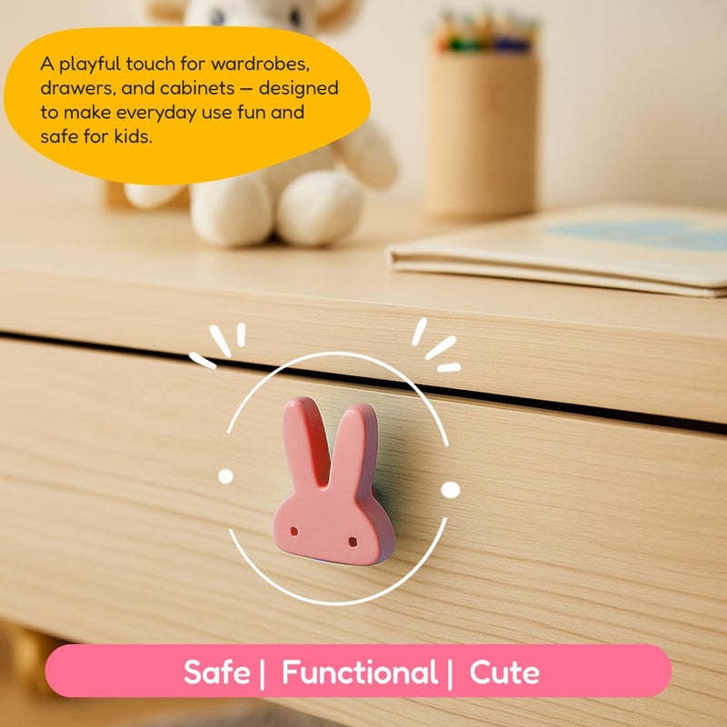 FLY FROG Kids Wooden Cabinet Knobs – Cute Rabbit Shape Doors, Drawer & Wardrobe Pull Handles for Kids Room, Nursery Furniture & Home Décor (Pack of 2) (Pink Bunny) - Image 3