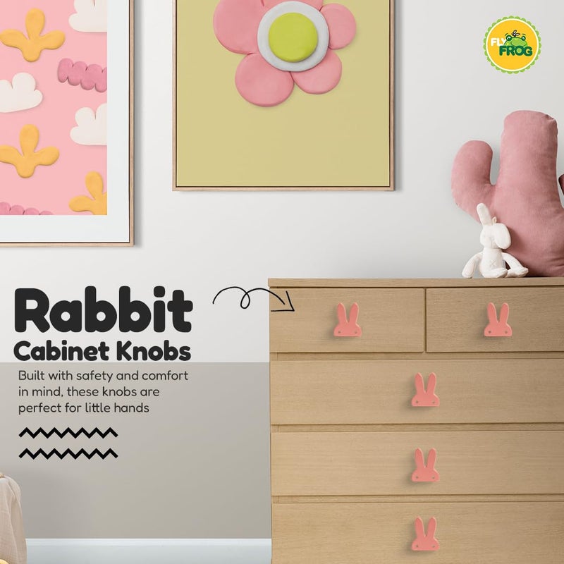 FLY FROG Kids Wooden Cabinet Knobs – Cute Rabbit Shape Doors, Drawer & Wardrobe Pull Handles for Kids Room, Nursery Furniture & Home Décor (Pack of 2) (Pink Bunny) - Image 2
