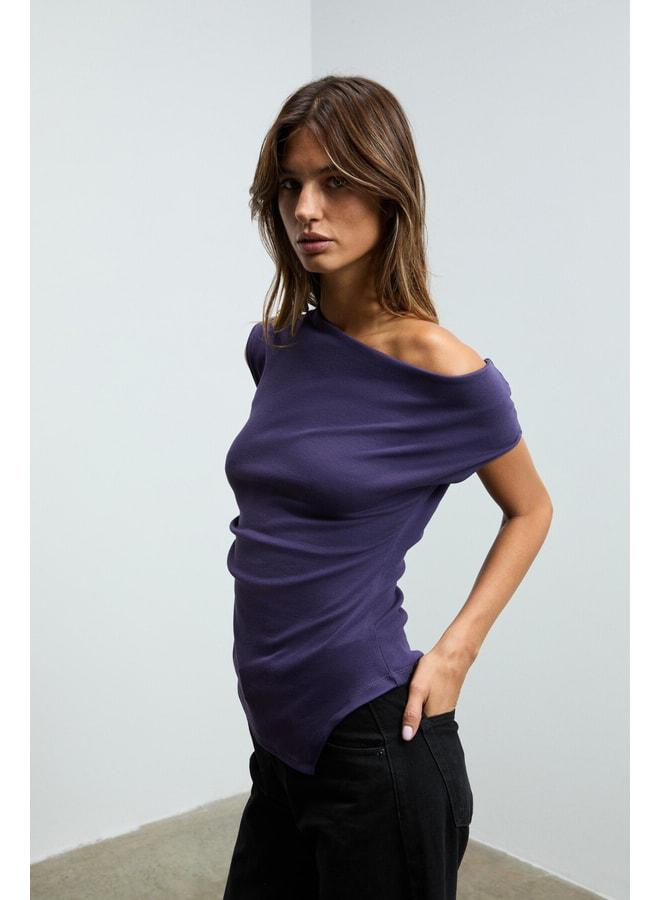 GRIMELANGE Rehinga Women's 100% Cotton Waist-Fitting Asymmetric Collar Regular Fit Short Sleeve Purple Blouse. - Image 3