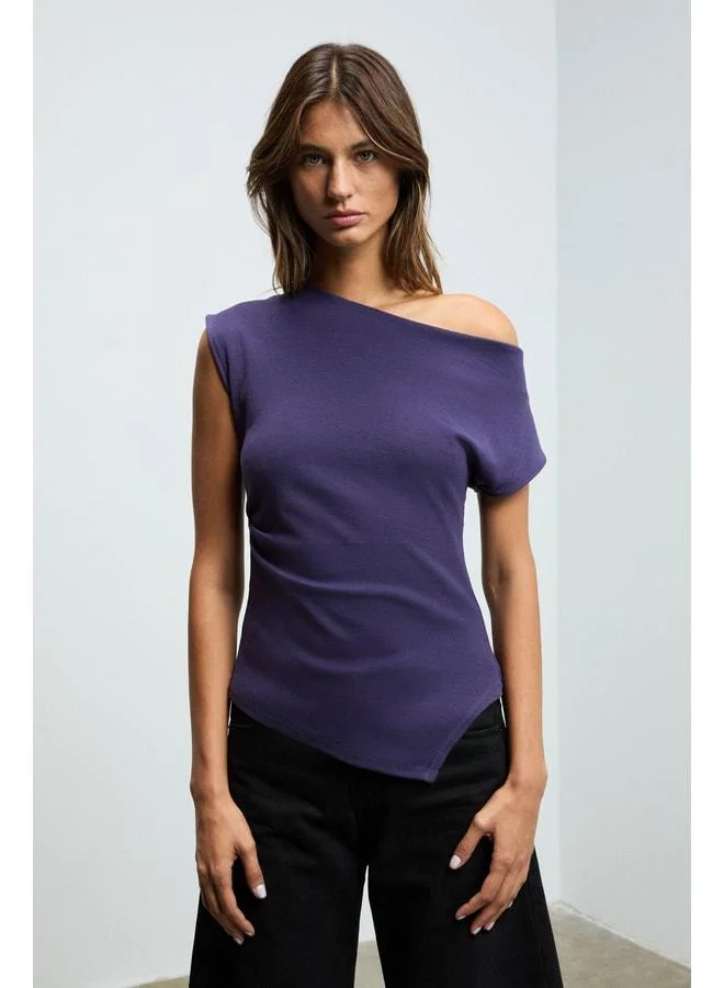 Grimelange Rehinga Women's 100% Cotton Waist-Fitting Asymmetric Collar Regular Fit Short Sleeve Purple Blouse.