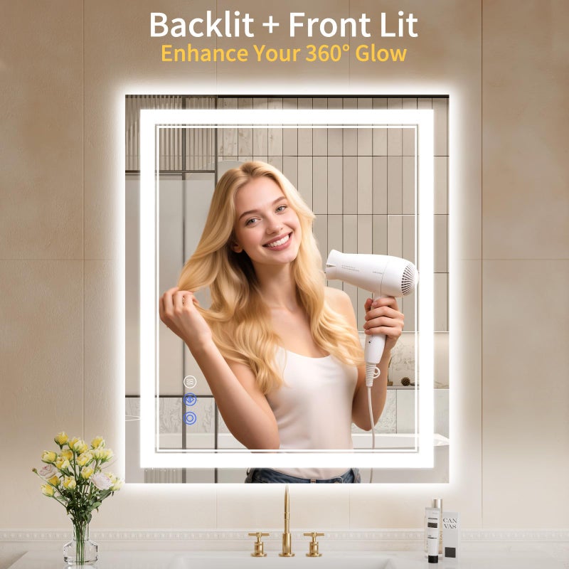WISSMIELS 30"x38" LED Bathroom Mirror with Lights, Anti-Fog, Backlit + Front Lit, Dimmable, Led Vanity Mirror for Wall, Lighted Bathroom Mirror, 3 Colors, Shatter-Proof Tempered Glass - Image 2