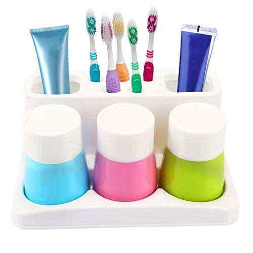 ENJOYPRO Toothbrush Holder 5 Hole Toothpaste Stand Bathroom Organizer with 3 Rinse Cups for Family Set - Image 1