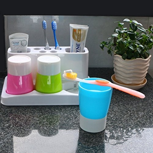 ENJOYPRO Toothbrush Holder 5 Hole Toothpaste Stand Bathroom Organizer with 3 Rinse Cups for Family Set - Image 3