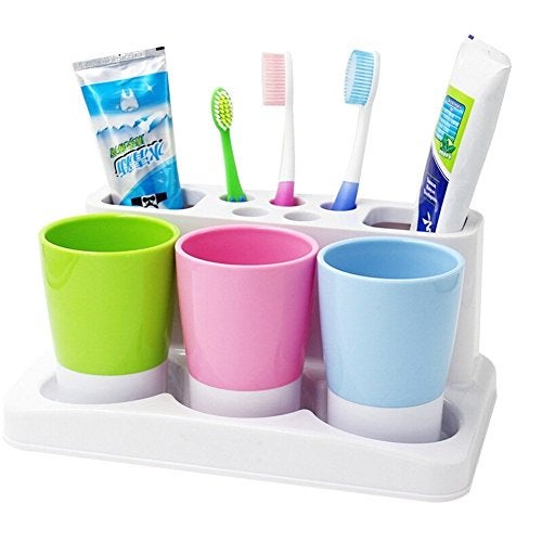 ENJOYPRO Toothbrush Holder 5 Hole Toothpaste Stand Bathroom Organizer with 3 Rinse Cups for Family Set - Image 2