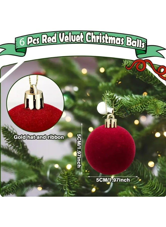 Kandid زينة كرات عيد الميلاد المخملية 6 قطع زينة شجرة عيد الميلاد كرات معلقة 6 سم لشجرة عيد الميلاد زينة العطلات الحفلات (مخملية حمراء) - Image 5