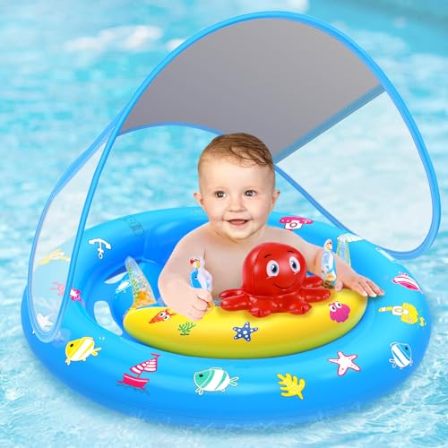 HINZER Baby Pool Float with Canopy, Inflatable Baby Swim Float with UPF50+ Sun Protection, Toddler Infant Pool Float with Toy Play Console Adjustable Safety Seat for Kids Girls Boys Aged 6-36 Months - Image 1