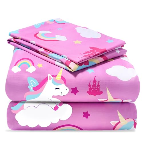 Joiedomi Kids Twin Sheet Set Purple Unicorn - 3 Piece Soft Microfiber Bed Sheets - Deep Pocket Wrinkle Free, Cozy Toddler Bedding Set, Fade Resistant Breathable for Boys Girls Teens - Image 1