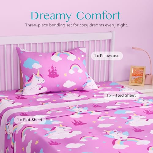 Joiedomi Kids Twin Sheet Set Purple Unicorn - 3 Piece Soft Microfiber Bed Sheets - Deep Pocket Wrinkle Free, Cozy Toddler Bedding Set, Fade Resistant Breathable for Boys Girls Teens - Image 3