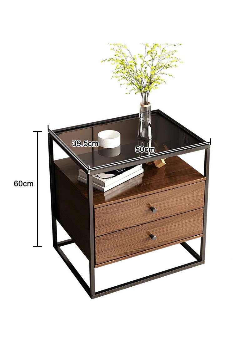 AnneFish - 50*40*60cm Nightstand Side Table Tempered Glass Top Sofa Coffee End Storage Cabinet with Metal Frame Storage Shelf and 2 Drawers for Living Room and Bedroom - Image 1