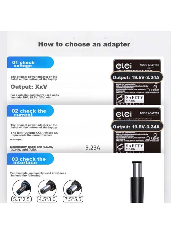 Elei Lei, Dell Charger N4050 D800 Lingyue Laptop Power Adapter Cable, 19.5v 3.34a, N5010 1420 D630 E6400d, 65w Large Port - Image 2