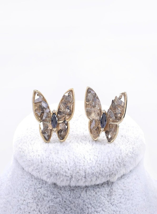 YOQUCOL Butterfly Shape Light Grey Crystal Golden Pierced Stud Earrings for Women - Image 3