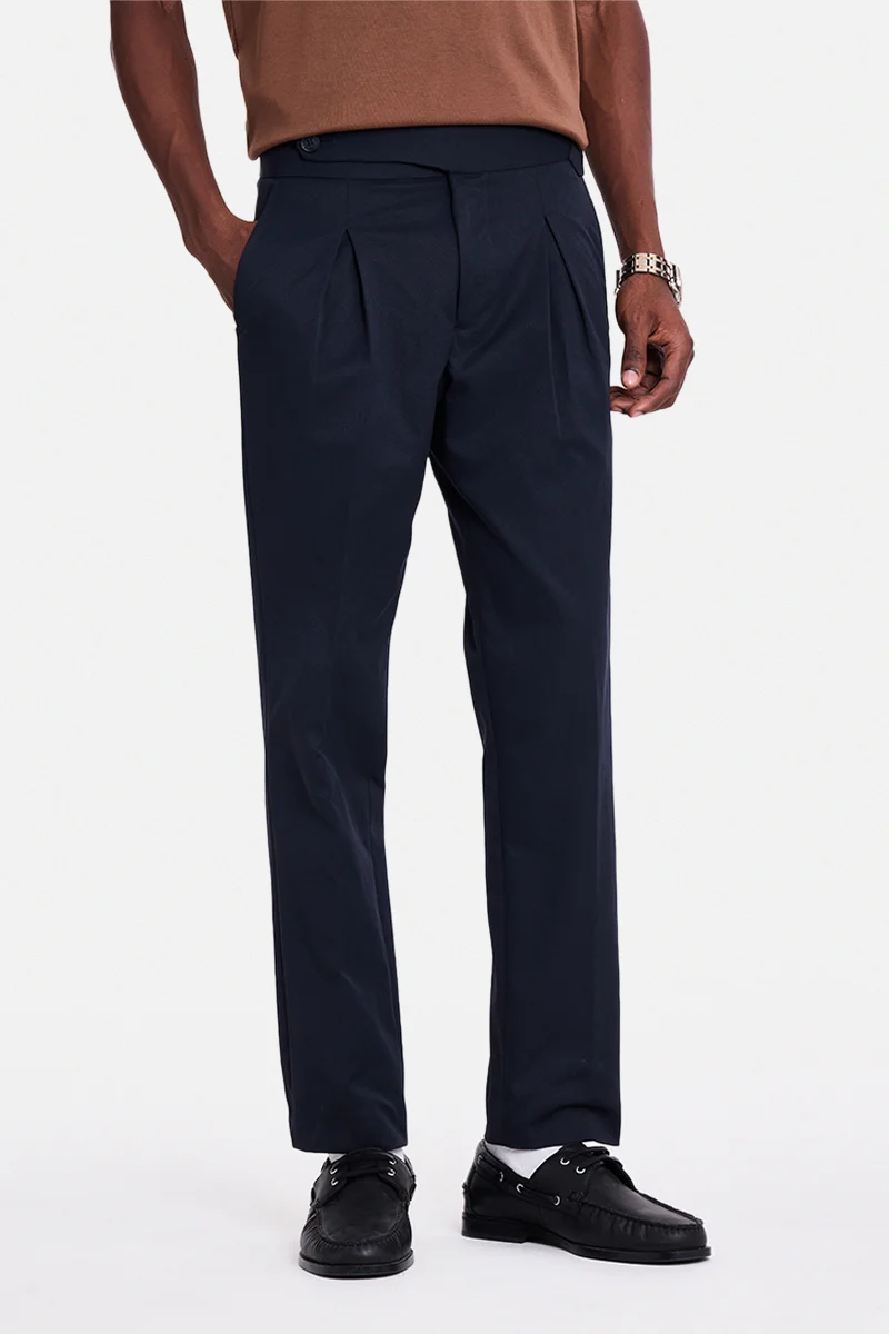 سنيتش Navy Blue Textured Tapered Formal Trousers