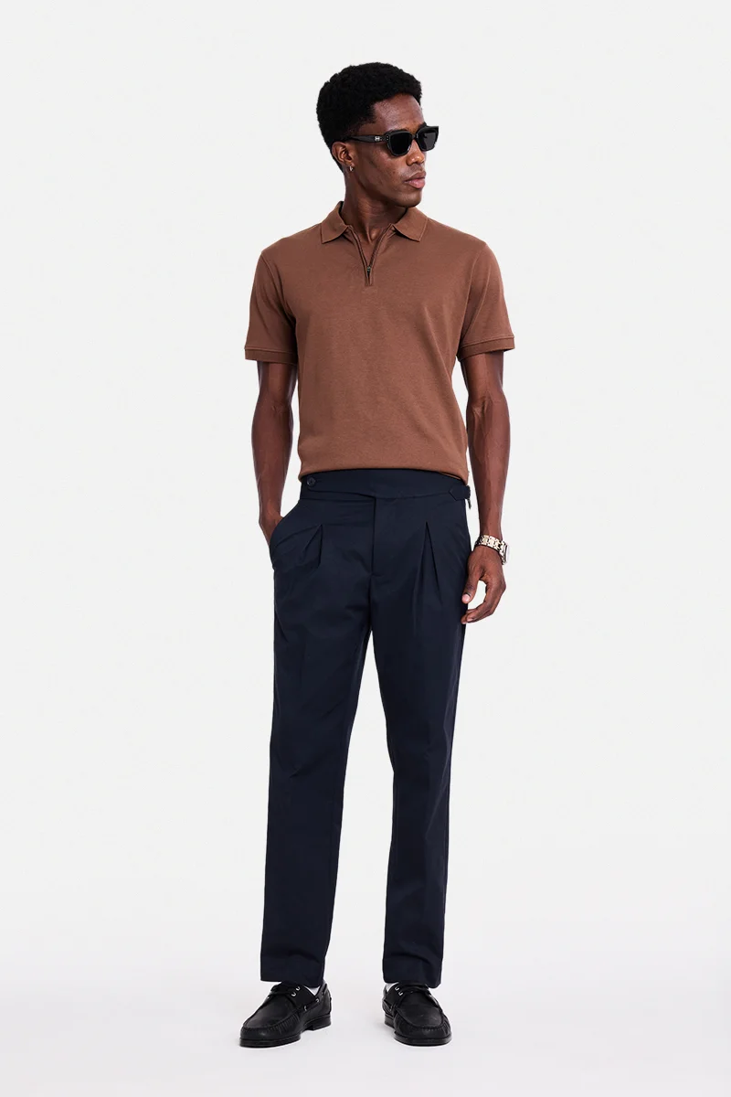 سنيتش Navy Blue Textured Tapered Formal Trousers