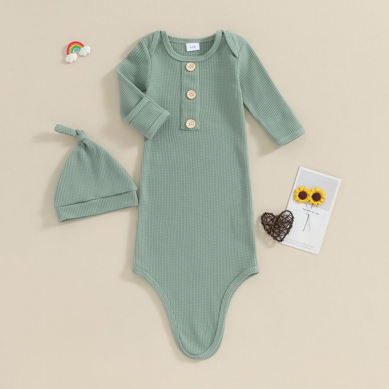 BULINGNA Newborn Baby Boys Girls Knotted Gown with Hat Set, Unisex Infant Nightgown with Mittens Sleepwear One Piece Pajamas (Green, 0-3 Months) - Image 2