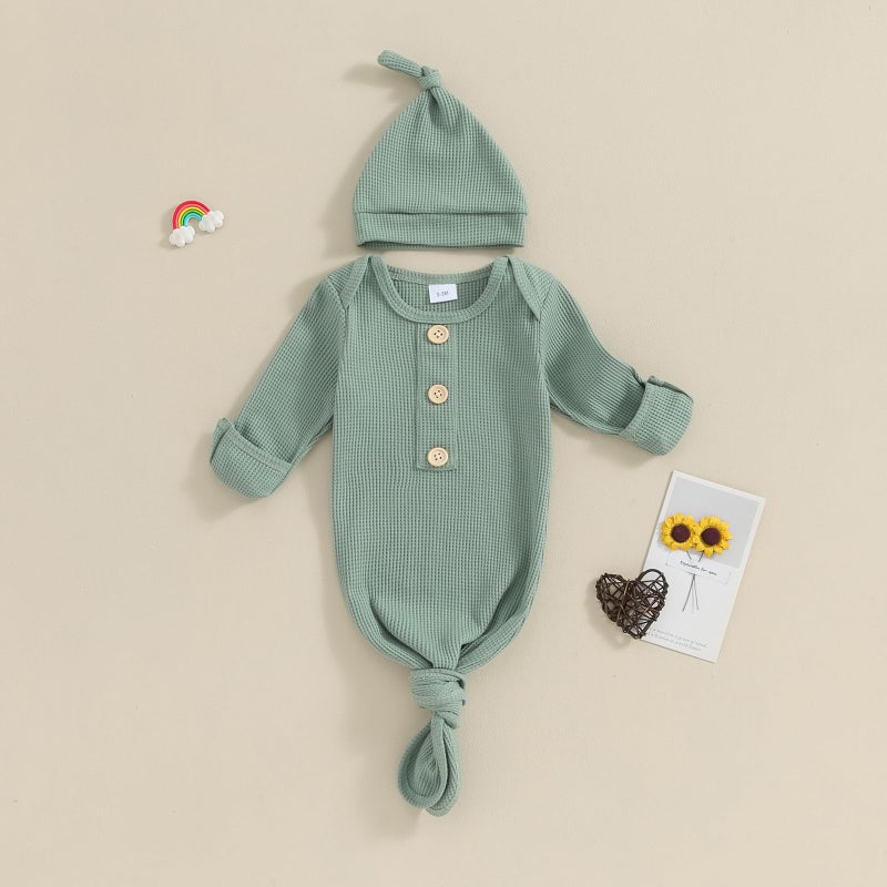 BULINGNA Newborn Baby Boys Girls Knotted Gown with Hat Set, Unisex Infant Nightgown with Mittens Sleepwear One Piece Pajamas (Green, 0-3 Months) - Image 4