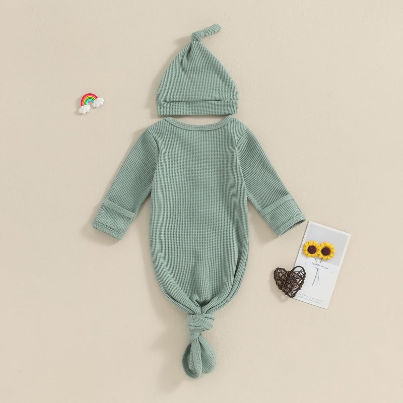 BULINGNA Newborn Baby Boys Girls Knotted Gown with Hat Set, Unisex Infant Nightgown with Mittens Sleepwear One Piece Pajamas (Green, 0-3 Months) - Image 3